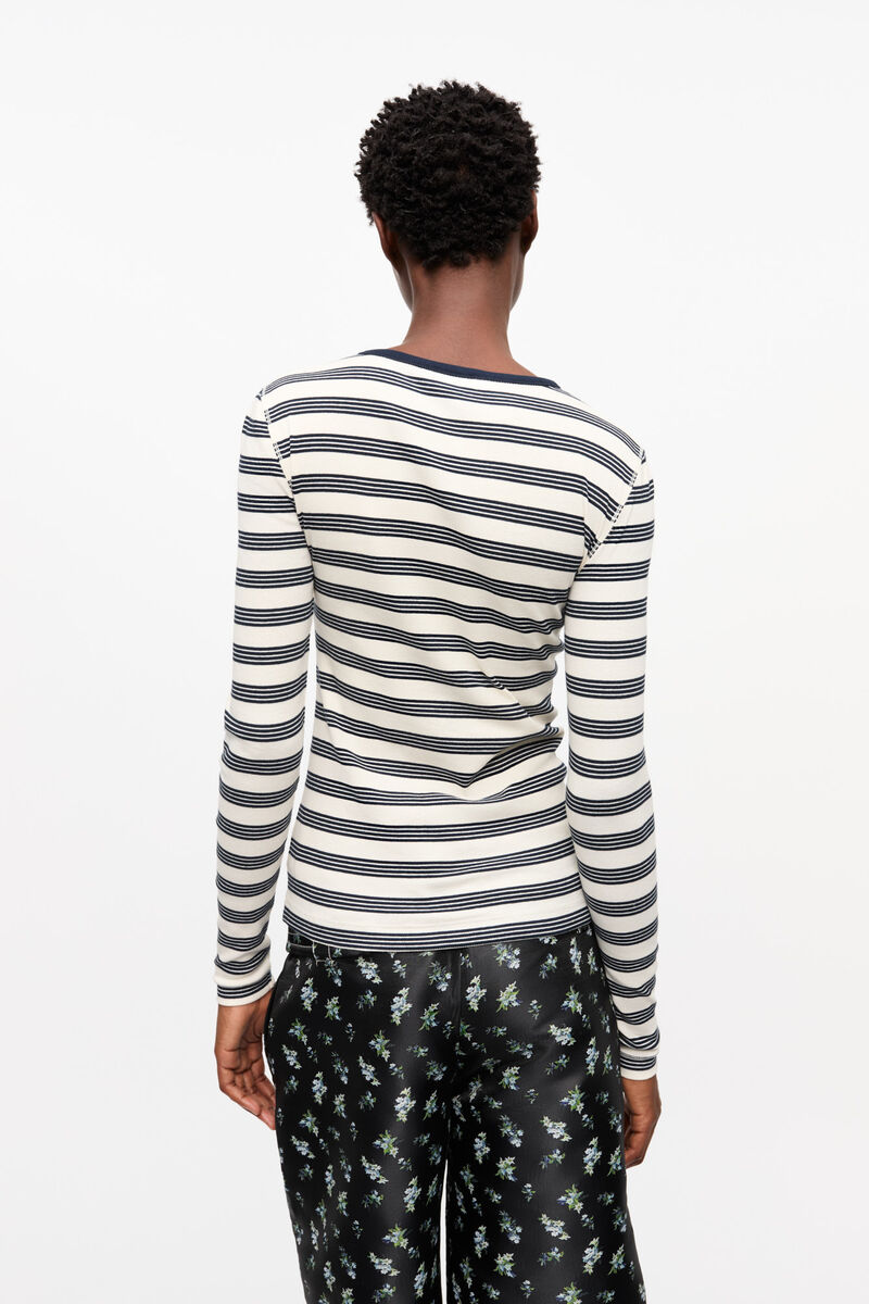 Striped Soft Cotton Rib Long Sleeve T-Shirt, Elastane, in colour Sky Captain - 2 - GANNI