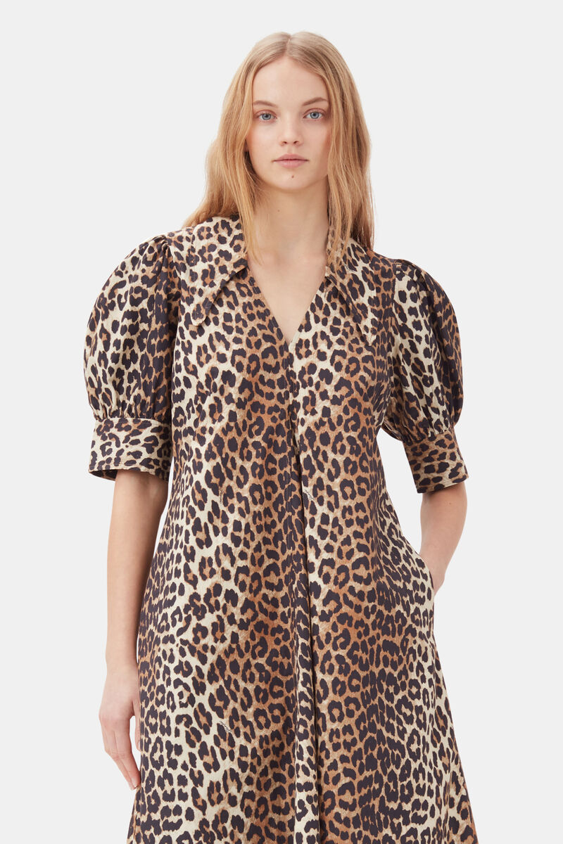 Leopard Cotton Poplin V-neck Maxi Dress, Cotton, in colour Leopard - 2 - GANNI