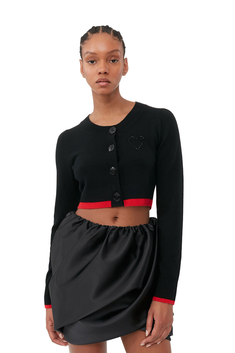 Black O-neck Cropped Cardigan, Cashmere, in colour Black - 1 - GANNI