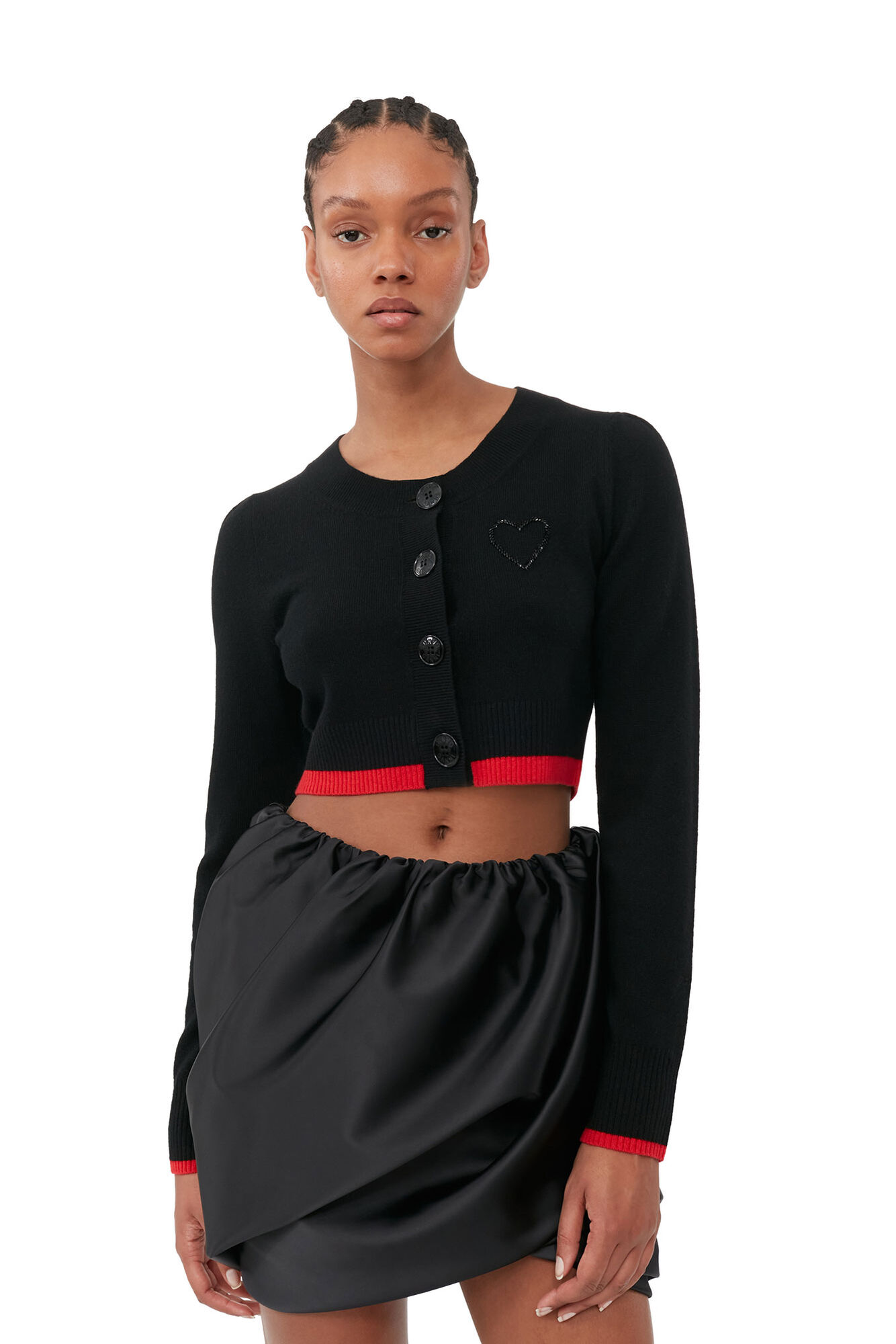 Black O-neck Cropped Cardigan, Cashmere, in colour Black - 1 - GANNI