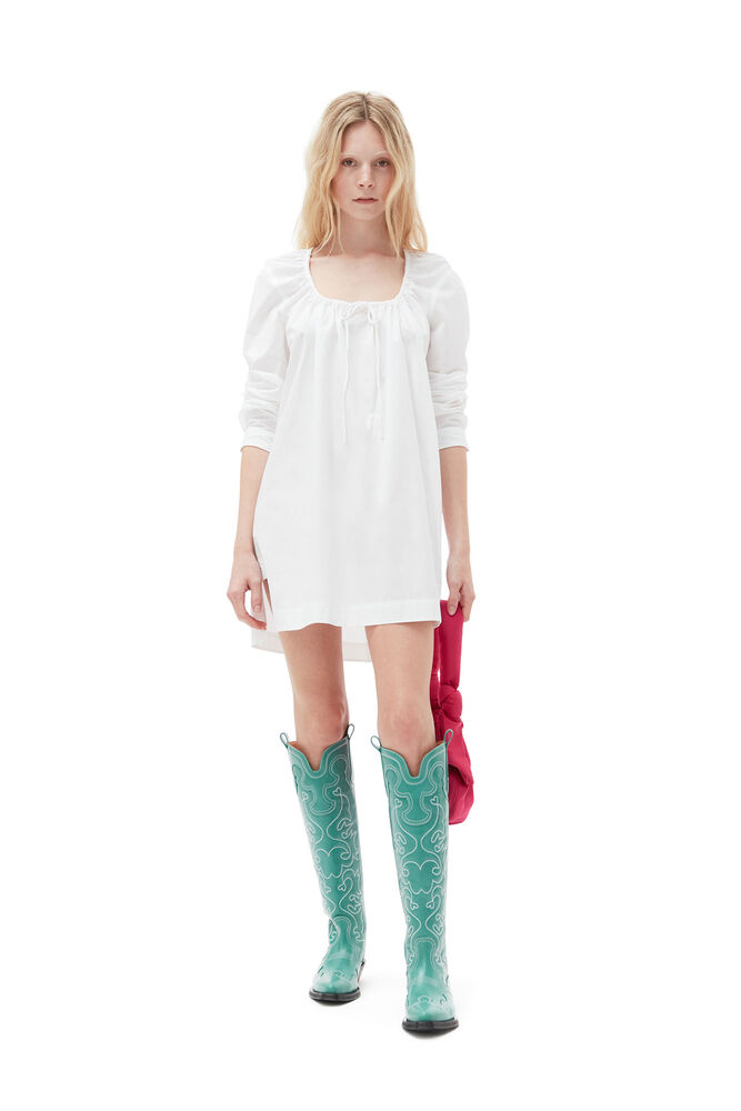 Cotton Poplin Square-neck Mini Dress, Bright White