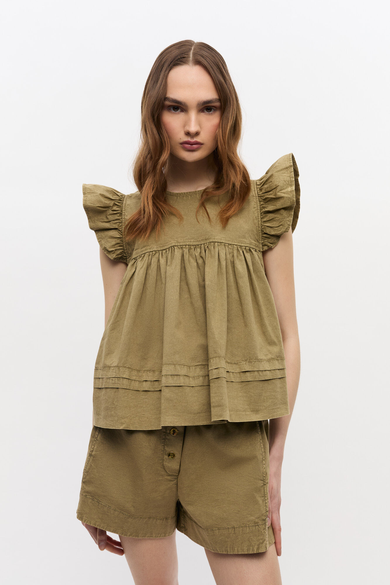 Green Washed Cotton Top, Elastane, in colour Boa - 1 - GANNI