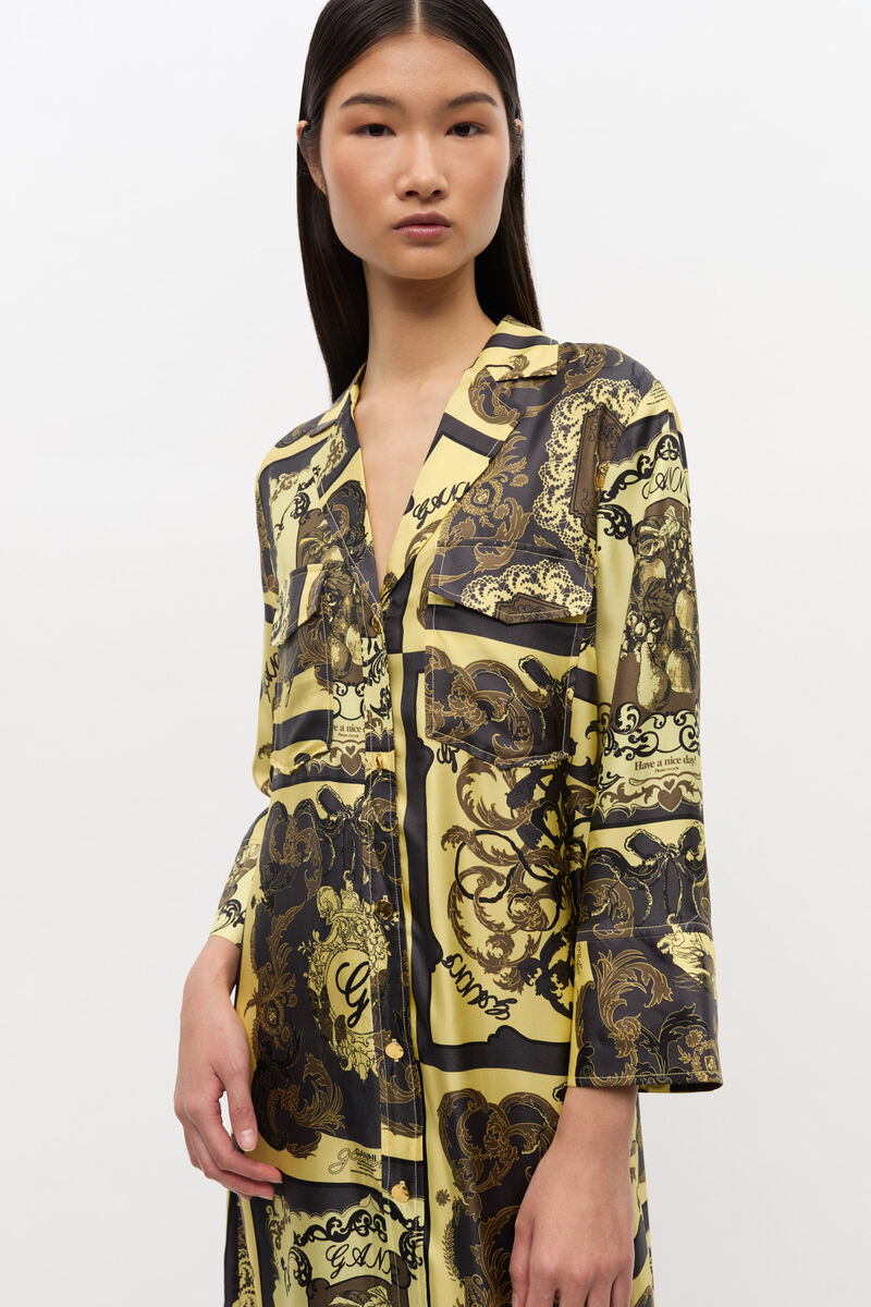 Yellow Printed Silk Midi Dress, Silk, in colour Popcorn - 3 - GANNI