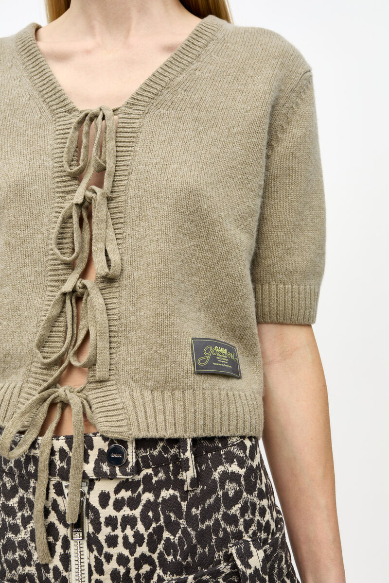 Brown Future Wool Mix Short Sleeve Cardigan, Recycled Wool, in colour Dusty Olive - 4 - GANNI