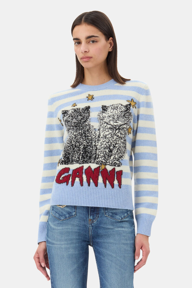 Blue Striped Graphic Cat Pullover, Illusion Blue
