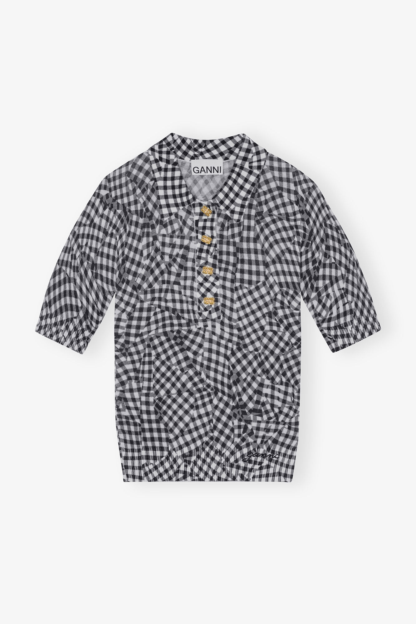 Black Sheer Cotton Printed Polo Shirt, Elastane, in colour Black - 1 - GANNI