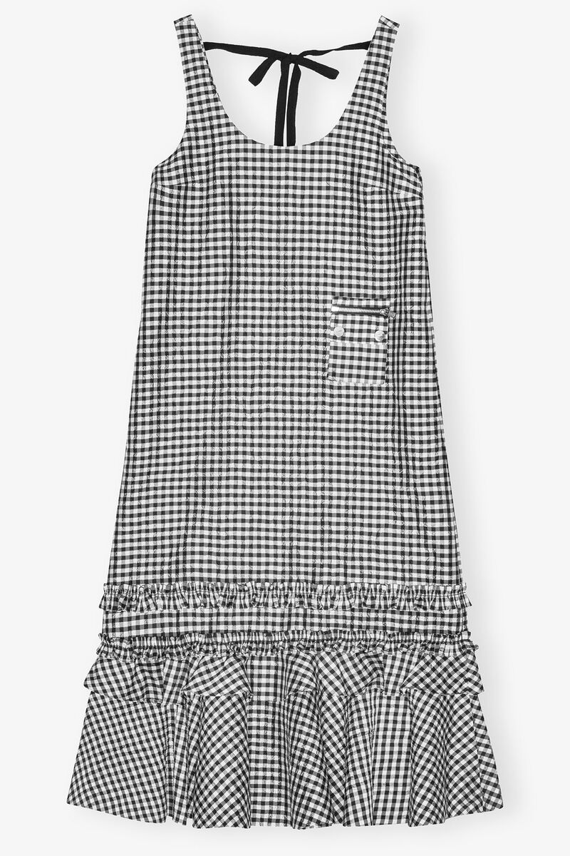 Crinkled Check Long Dress, Recycled Polyester, in colour Black - 1 - GANNI