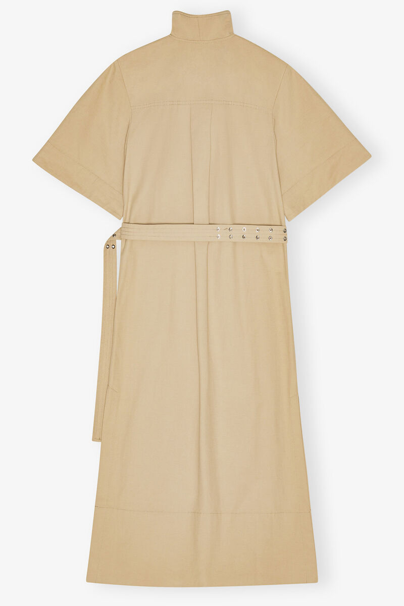 Beige Stretch Cotton Dress, Linen, in colour Pale Khaki - 4 - GANNI