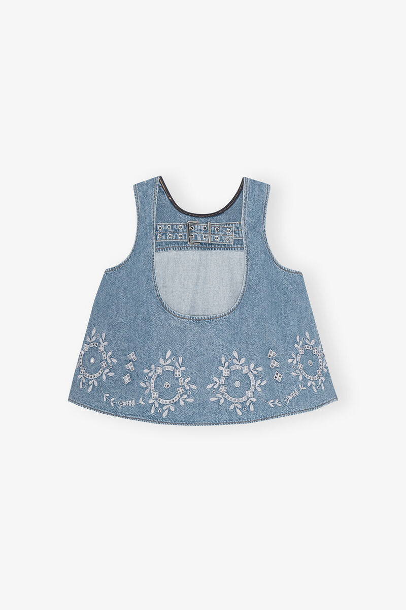 Broderie Anglaise Top, Cotton, in colour Light Blue Stone - 2 - GANNI