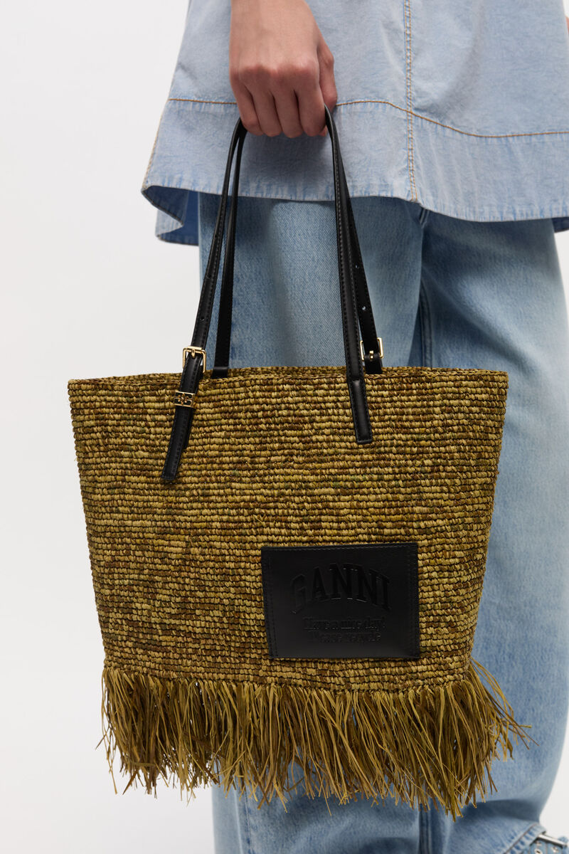 Raffia Tote Fringes Bag Small, in colour Spinach Green - 2 - GANNI