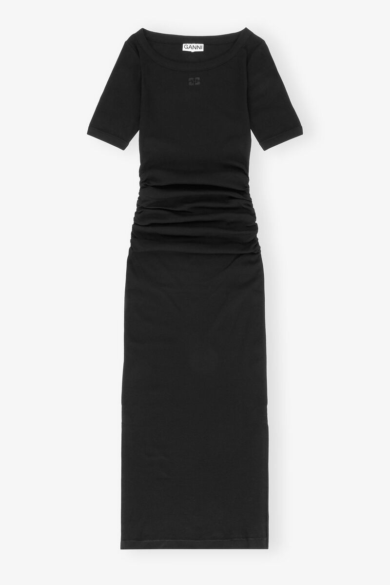 Black Soft Cotton Rib Dress, Elastane, in colour Black - 1 - GANNI