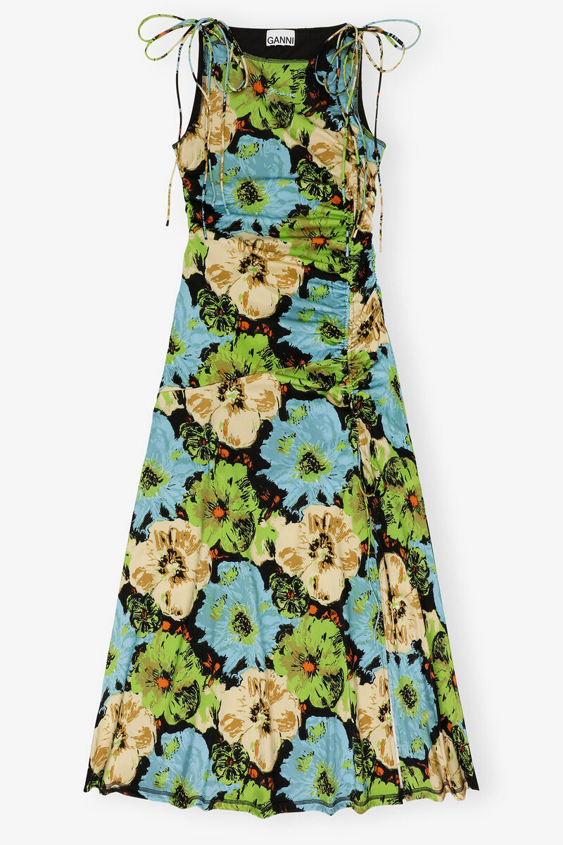 Floral Lycra Jersey Gathered Dress, Recycled Polyamide, in colour Multicolour - 1 - GANNI
