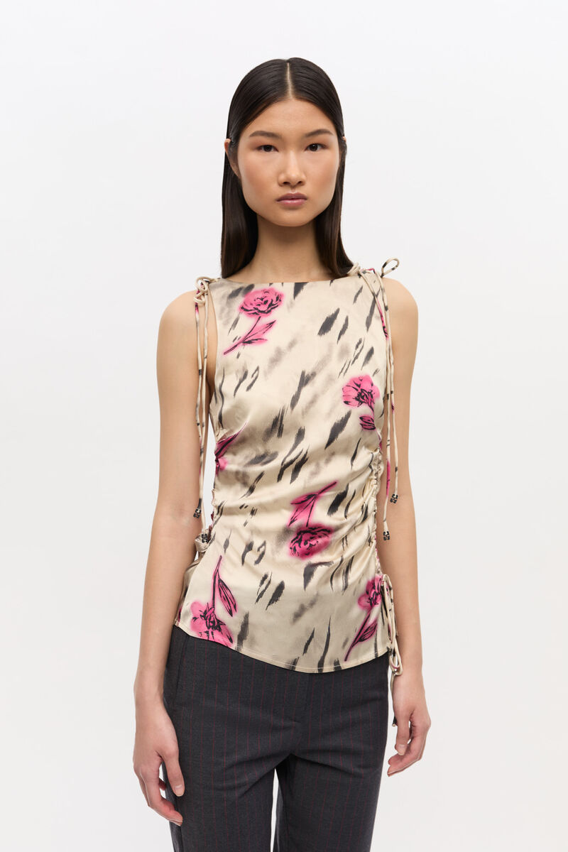 Floral Satin Top, Elastane, in colour Egret - 1 - GANNI