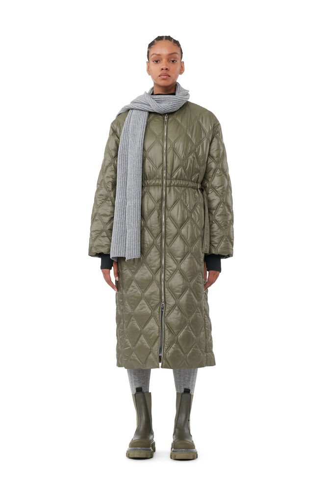 Green Shiny Quilt Long Coat