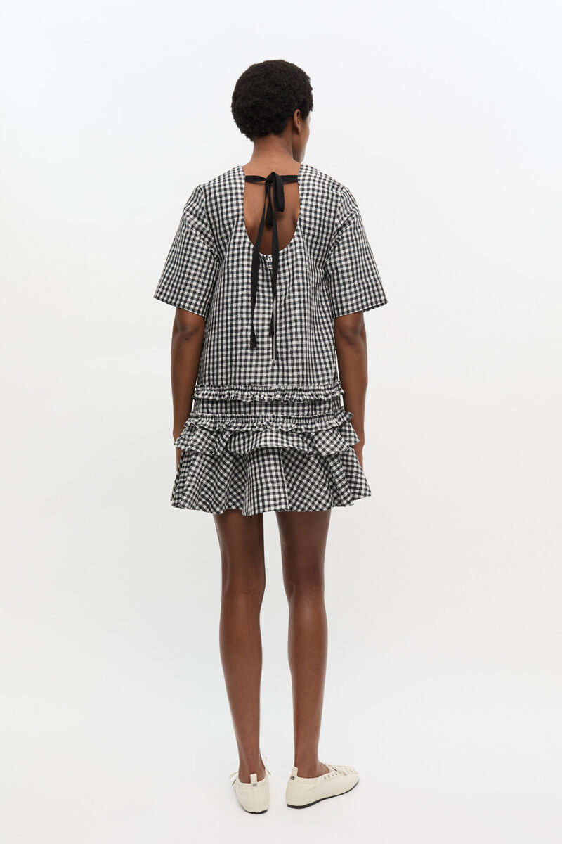 Crinkled Check Mini Dress, Recycled Polyester, in colour Black - 2 - GANNI