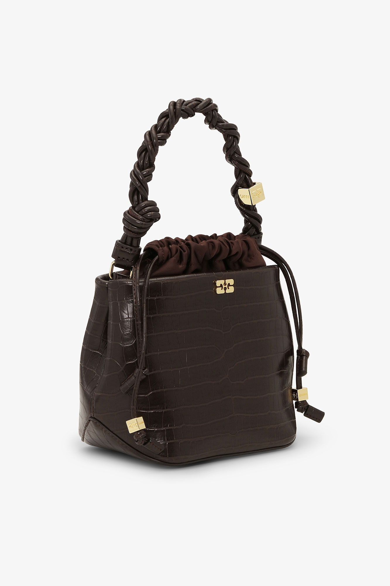 Brown Croco GANNI Bou Bucket Bag, Lyocell, in colour Chocolate Fondant - 2 - GANNI