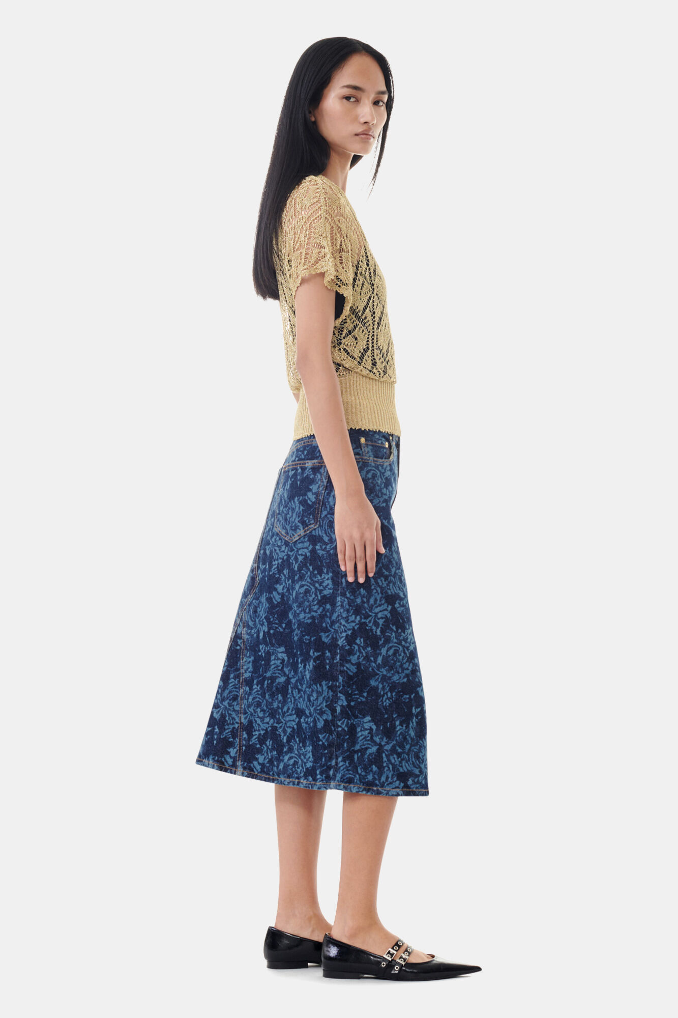 Lazer Denim Midi Skirt, Cotton, in colour Mid Blue Stone - 2 - GANNI
