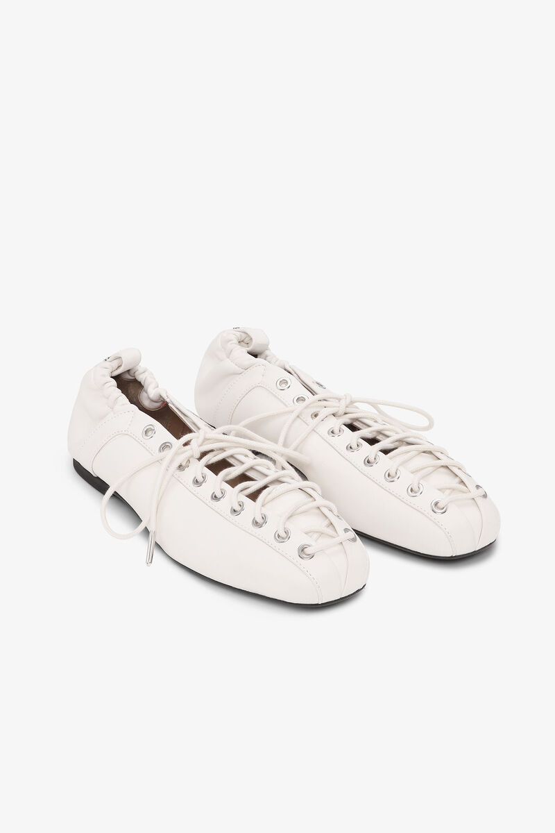Ivory Lace-Up Ballerinas, Polyurethane, in colour Egret - 2 - GANNI