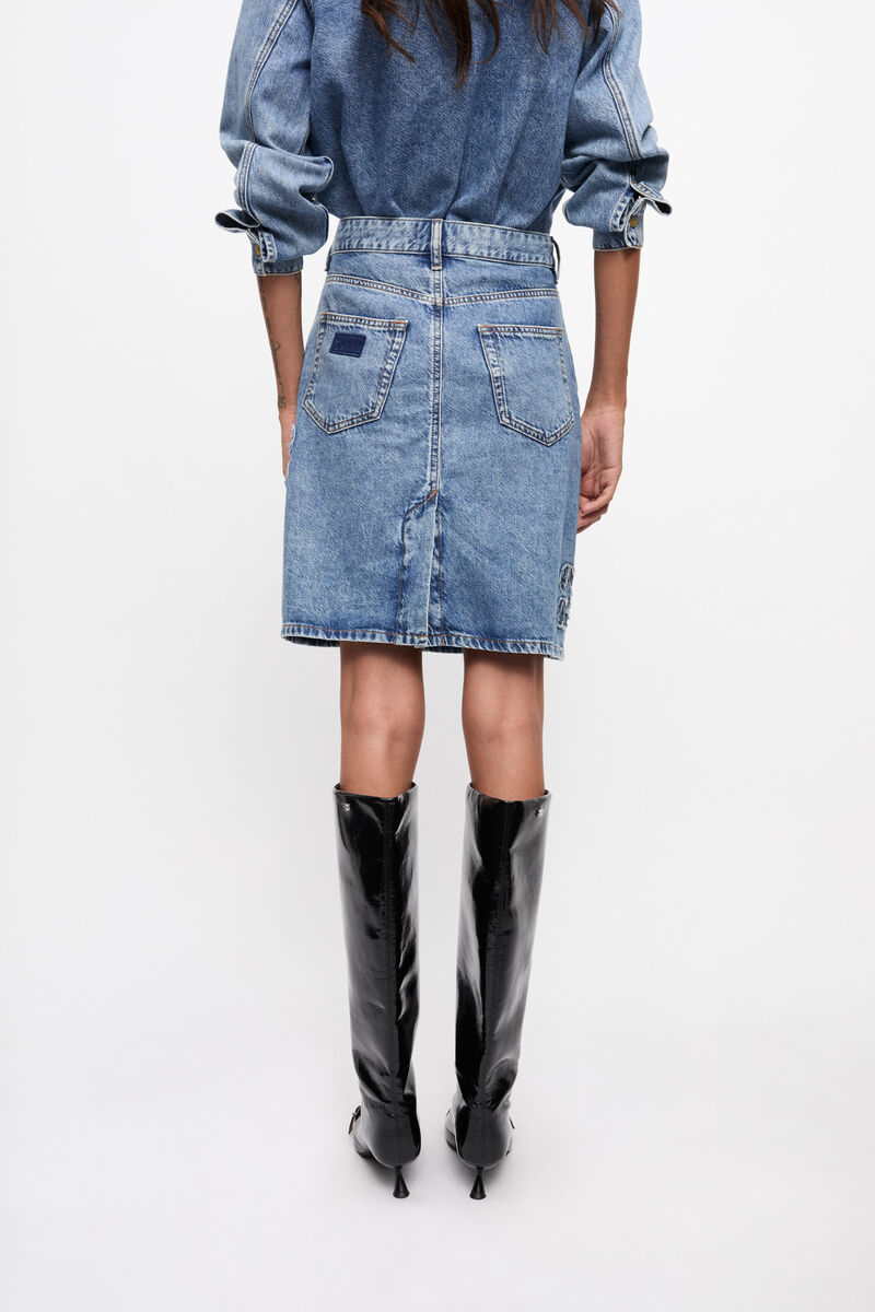 Blue Denim Skirt, Lyocell, in colour Mid Blue Stone - 3 - GANNI