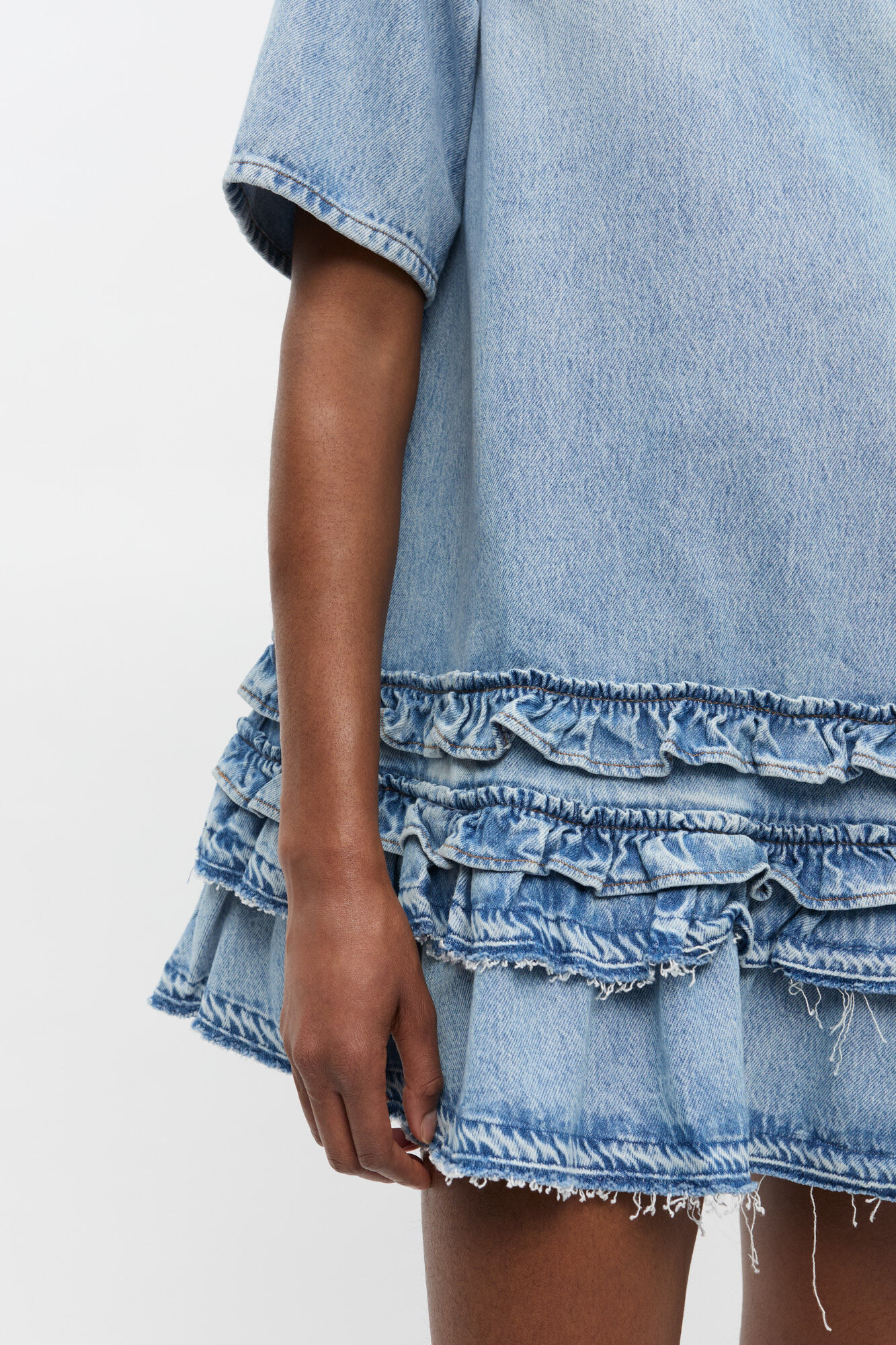 Light Blue Denim Frill Mini Dress, Lyocell, in colour Light Blue Stone - 3 - GANNI