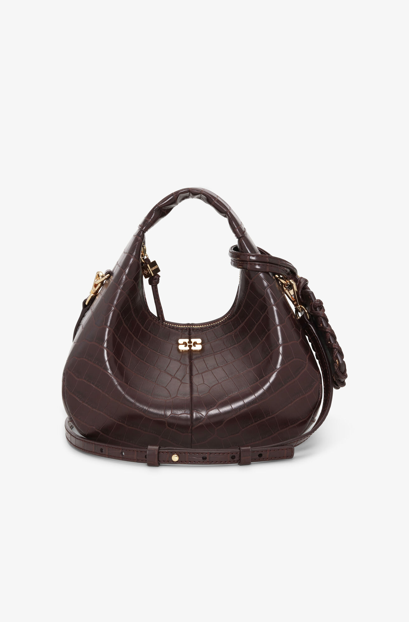 Brown Croco Mini Hobo Bag, Lyocell, in colour Chocolate Fondant - 1 - GANNI