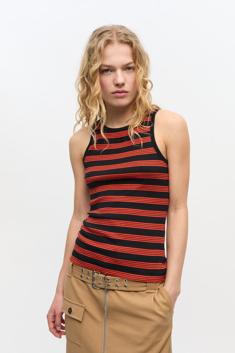 Red Striped Soft Cotton Rib Tank Top, Elastane, in colour Red Alert - 1 - GANNI