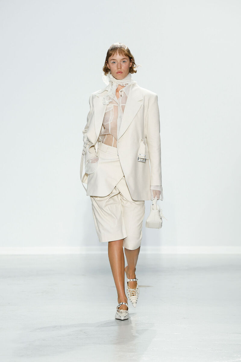 Off-White Cotton Melange Tailoring Mini Skirt, Linen, in colour Angora - 3 - GANNI