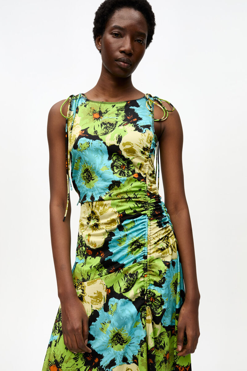 Floral Lycra Jersey Gathered Dress, Recycled Polyamide, in colour Multicolour - 3 - GANNI