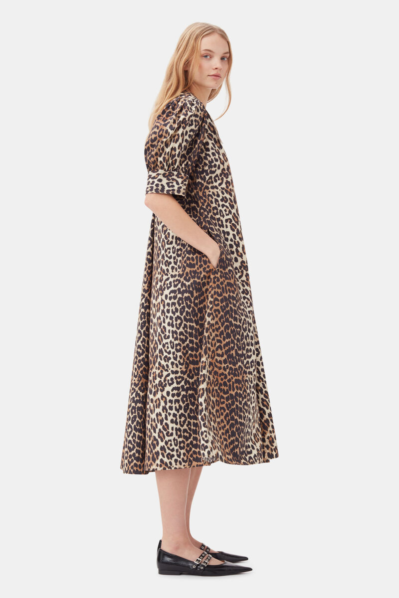 Leopard Cotton Poplin V-neck Maxi Dress, Cotton, in colour Leopard - 3 - GANNI