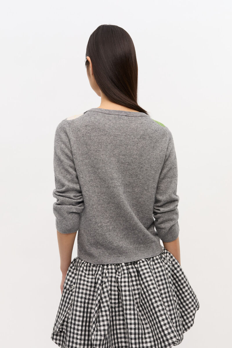 Grey Check Cardigan, Cashmere, in colour Paloma Melange - 3 - GANNI