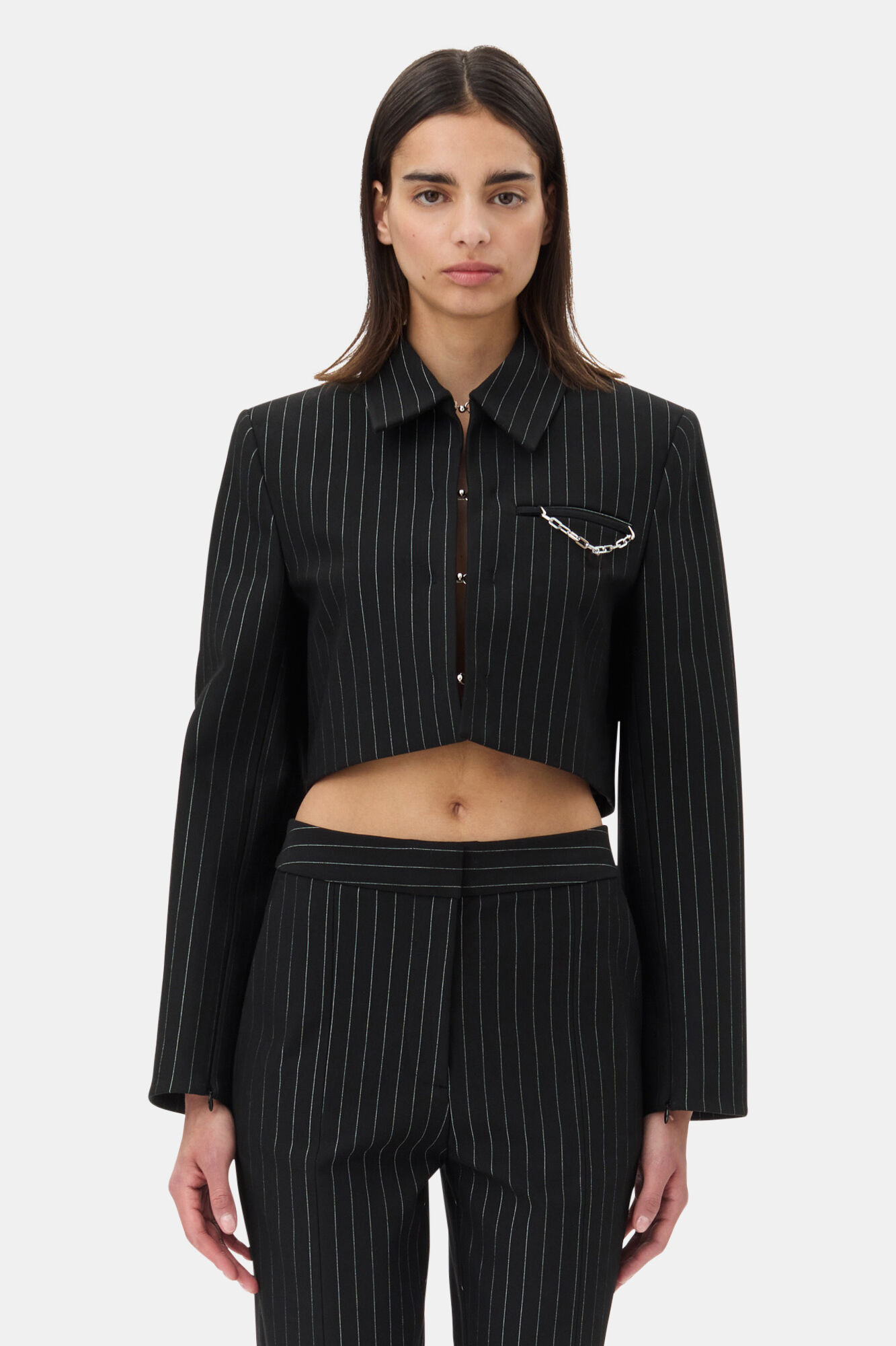 Black Pinstriped Cropped Blazer, Elastane, in colour Black - 1 - GANNI