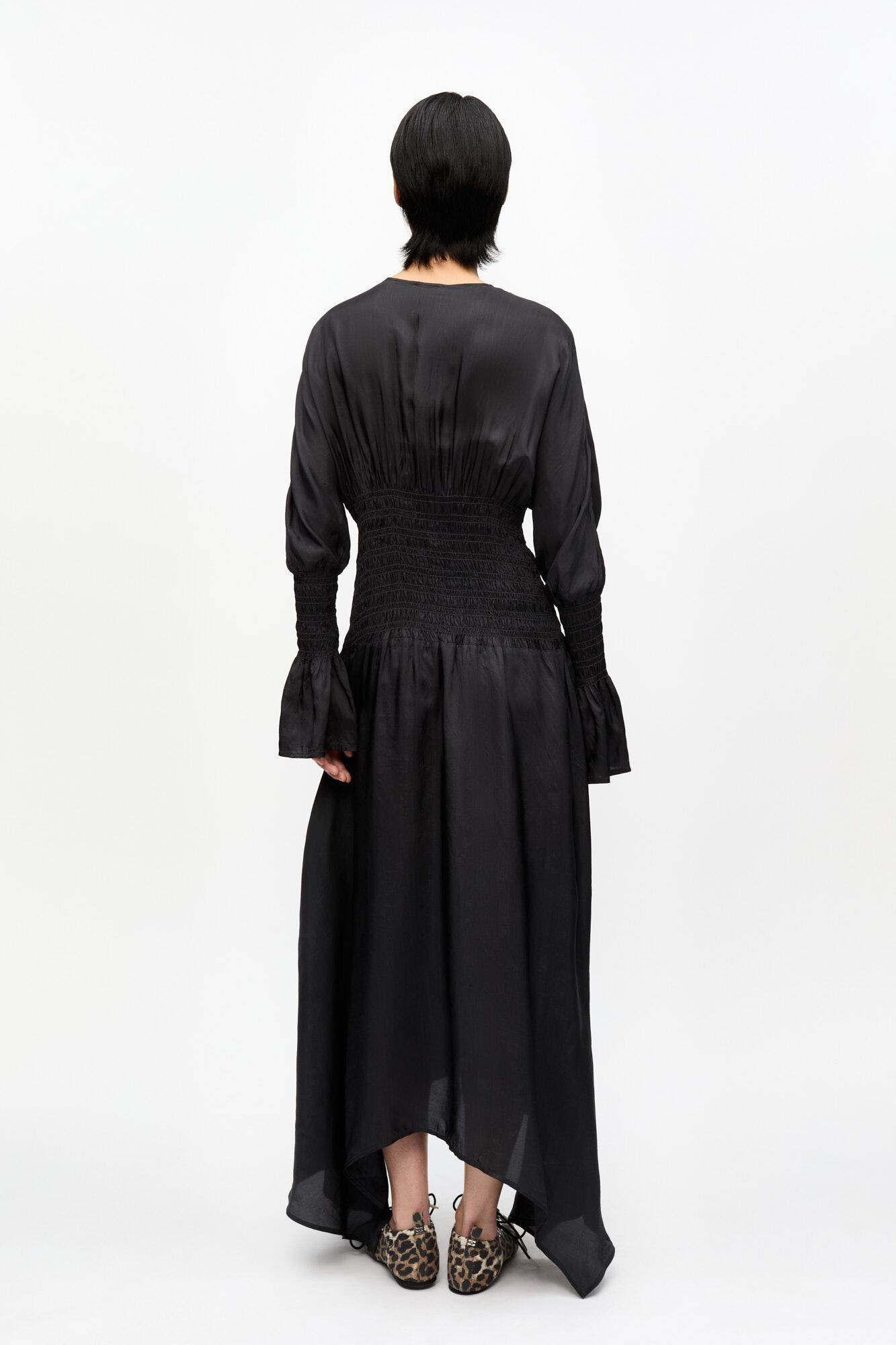 Black Viscose Habotai Smock Midi Dress, Viscose, in colour Phantom - 2 - GANNI