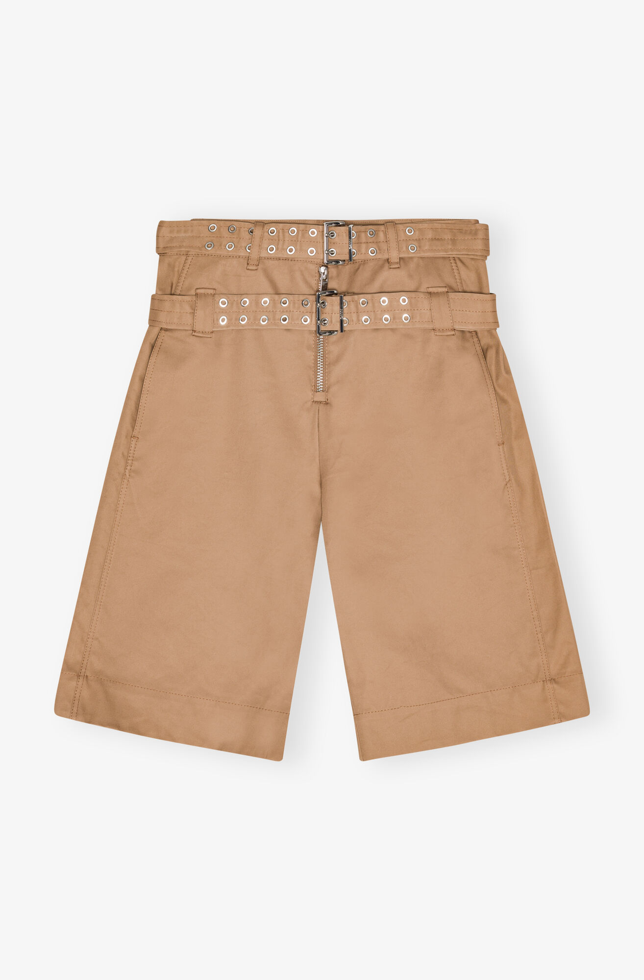 Camel Bonded Cotton Belt Shorts, Cotton, in colour Tiger's Eye - 1 - GANNI
