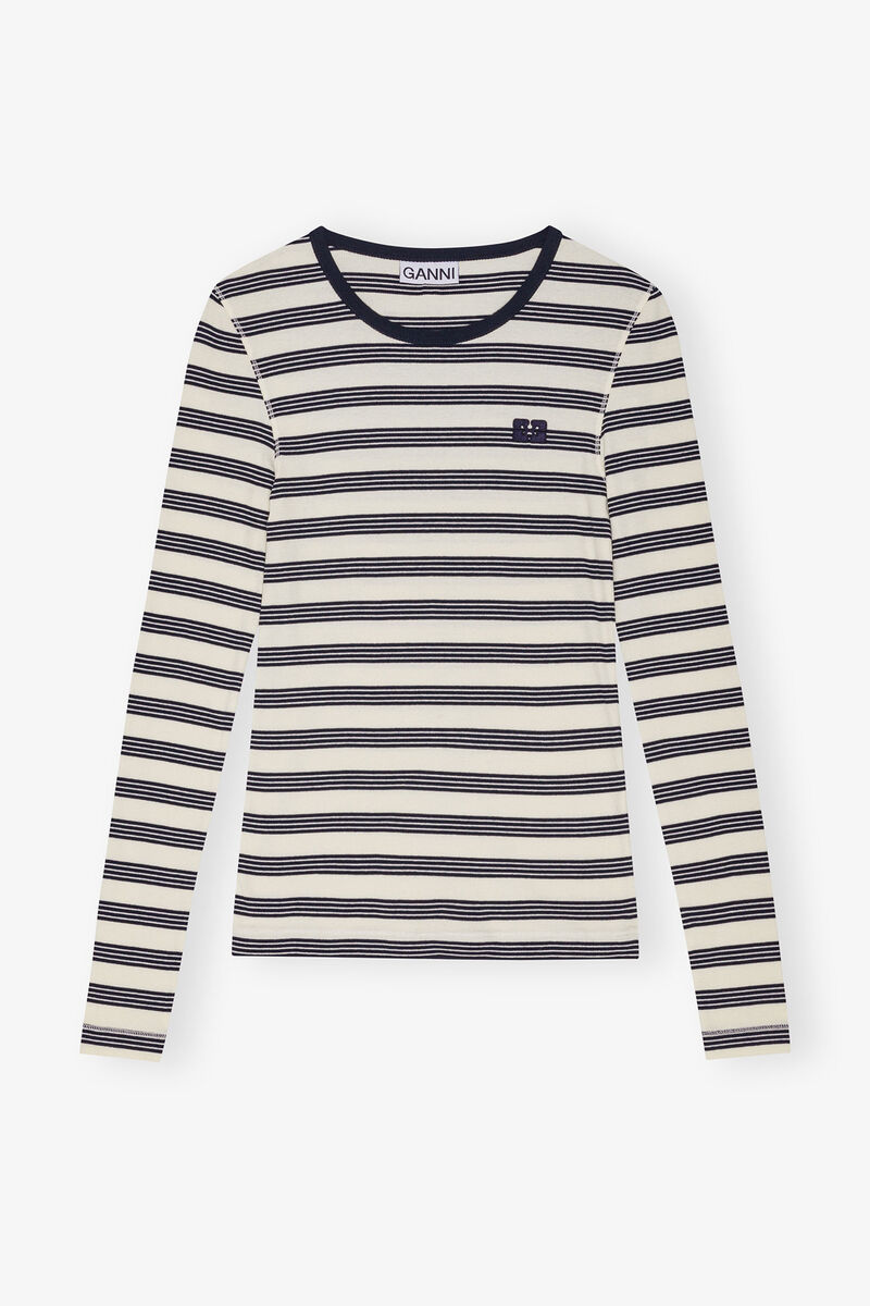 Striped Soft Cotton Rib Long Sleeve T-Shirt, Elastane, in colour Sky Captain - 1 - GANNI