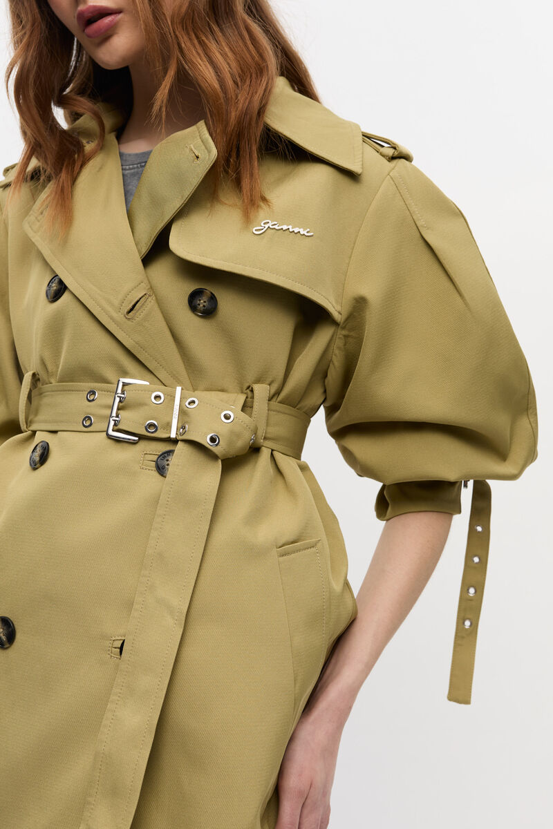 Beige Heavy Twill Midi Trench Coat, Recycled Polyester, in colour Boa - 3 - GANNI