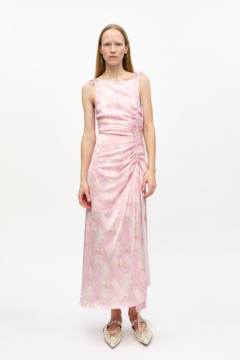 Pink Printed Satin Gathered Dress, Elastane, in colour Primrose Pink - 1 - GANNI