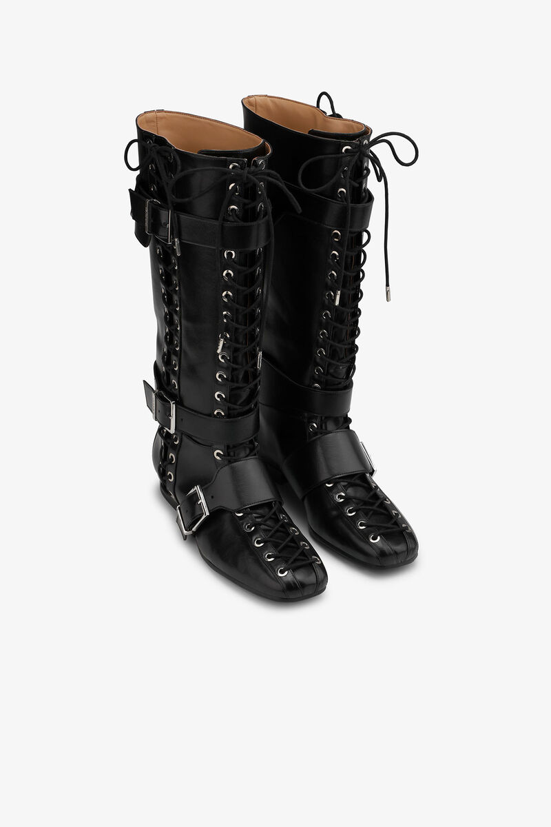 Black Crinkle Oleatex Lace-Up High Boots, Cotton, in colour Black - 2 - GANNI