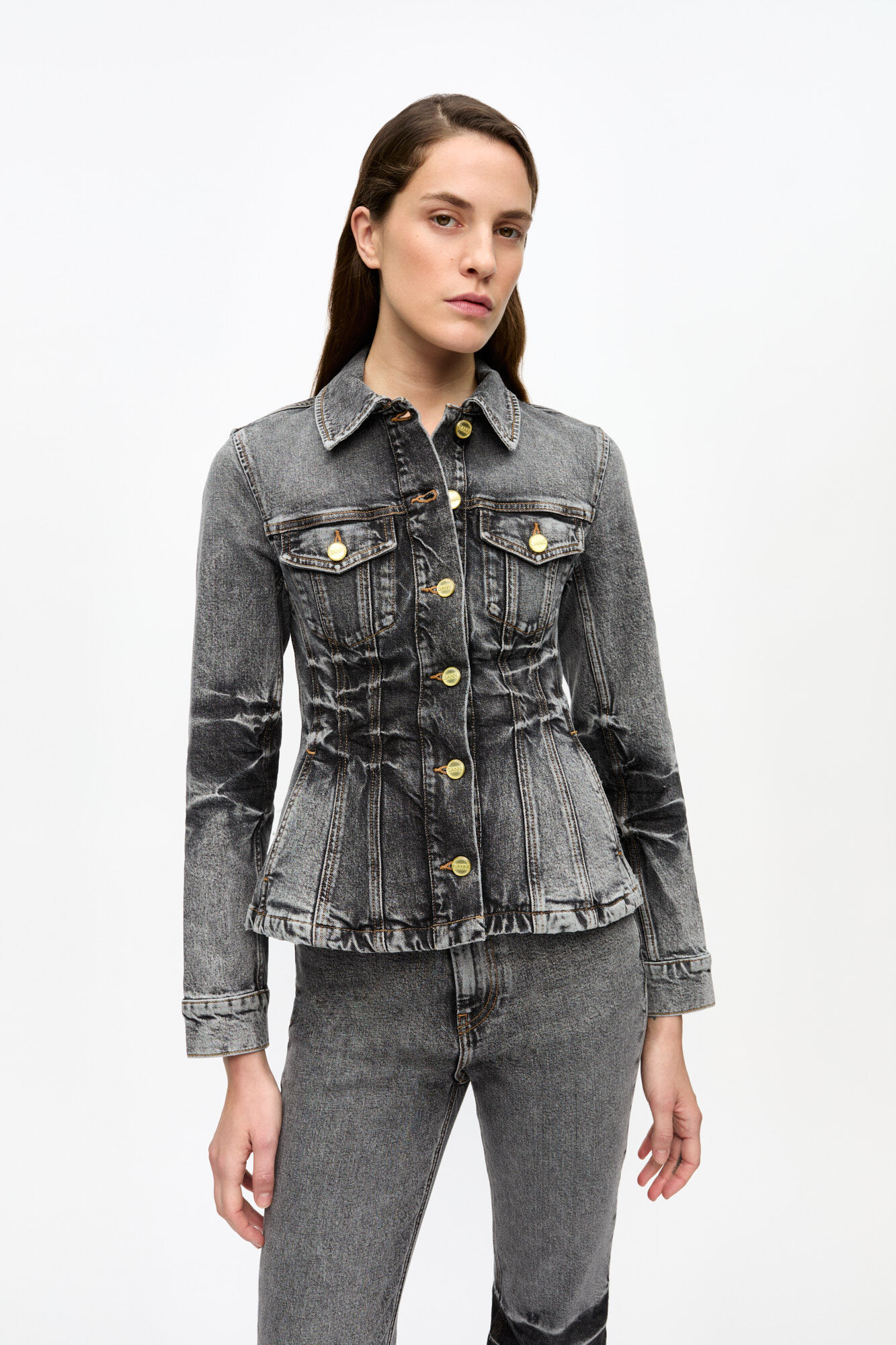 Black Washed Denim Jacket, Elastane, in colour Black Washed - 1 - GANNI