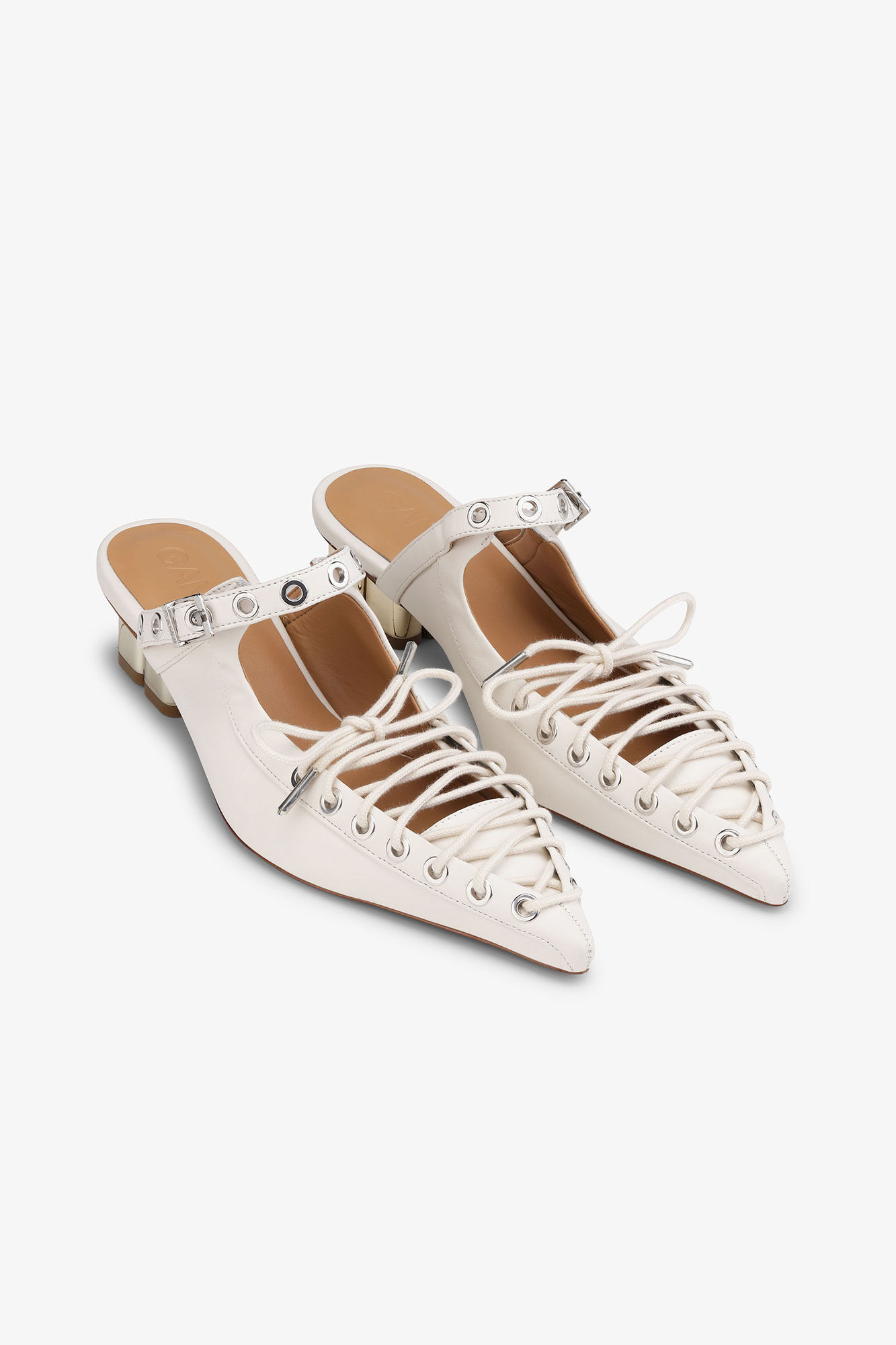 Off-White Lace-Up Mules, Polyurethane, in colour Egret - 2 - GANNI