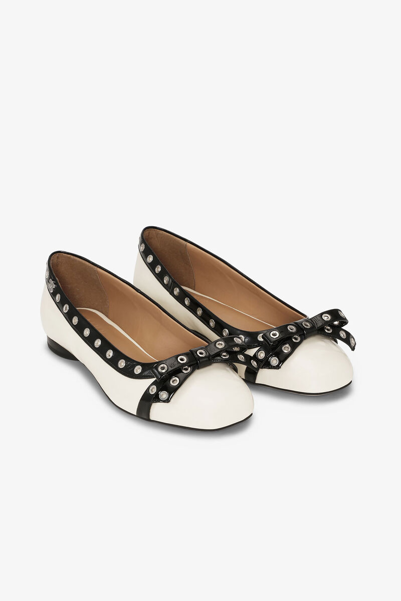 Off-White Eyelet Bow Ballerinas, Polyurethane, in colour Egret - 3 - GANNI