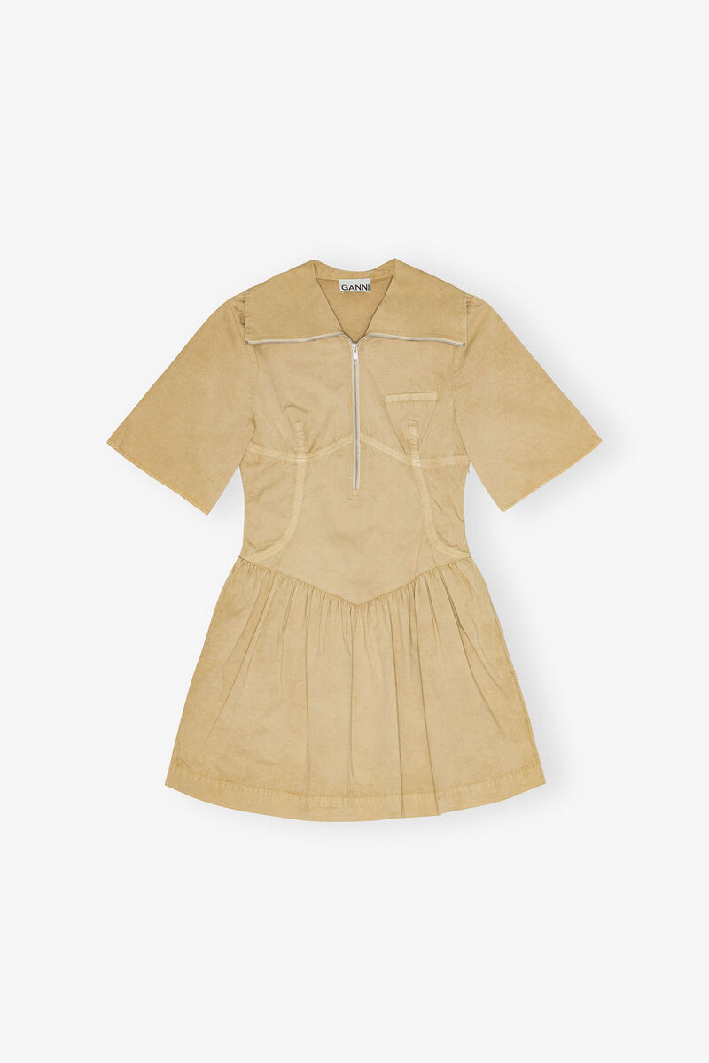 Beige Washed Stretch Cotton Mini Dress, Elastane, in colour Lark - 1 - GANNI